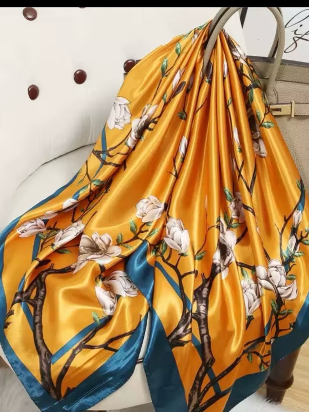 Floral Satin Wrap Scarf in Golden Yellow with Teal Trim
